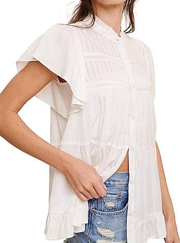 Listicle Button Down Ruffled Contrast Blouse Top in Ivory (view 2)