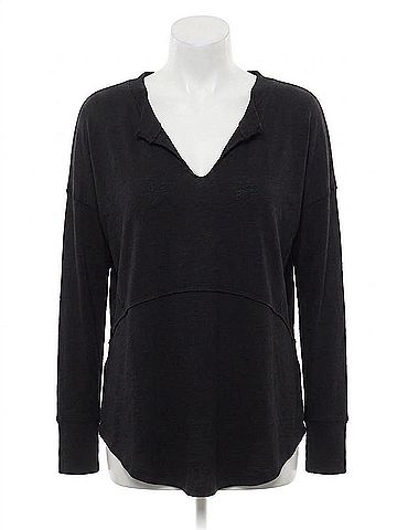 Bobi Shirred Sleeve Split Neck Tee in Troops (view 1)
