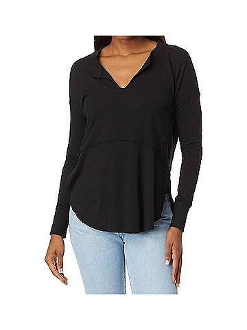 Bobi Shirred Sleeve Split Neck Tee in Troops (view 2)