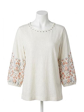 MULTIPLES 3/4 Embroidered Slub Knit Top in Ivory (view 1)