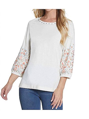 MULTIPLES 3/4 Embroidered Slub Knit Top in Ivory (view 2)