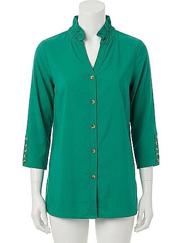MULTIPLES Y-Neck Crinkle Woven Blouse in Emerald Green (view 1)