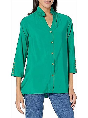 MULTIPLES Y-Neck Crinkle Woven Blouse in Emerald Green (view 2)