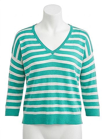 Label + Thread Women's Striped Swing V Neck Top in Turquoise/White (view 1)