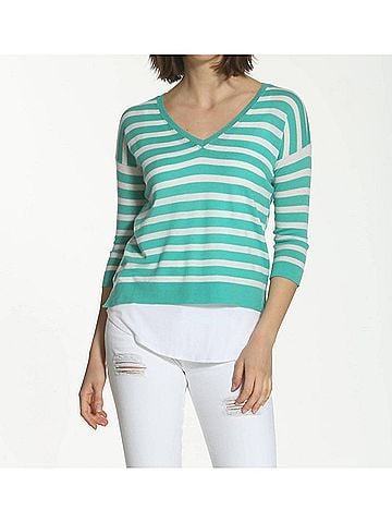 Label + Thread Women's Striped Swing V Neck Top in Turquoise/White (view 2)