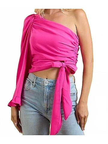 Glam Barbie One Shoulder Blouse in Pink (view 2)