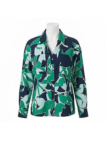 Tribal Foliage Print Rolled Sleeve Printed Blouse in Kelly (view 1)
