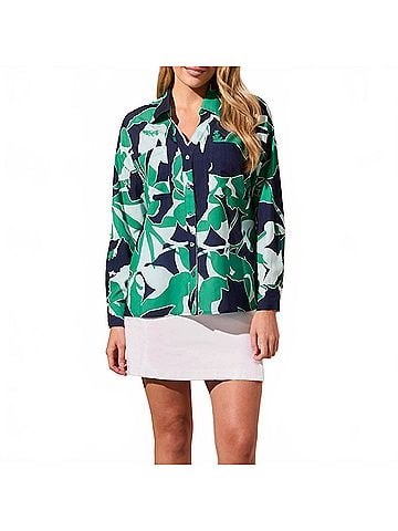 Tribal Foliage Print Rolled Sleeve Printed Blouse in Kelly (view 2)