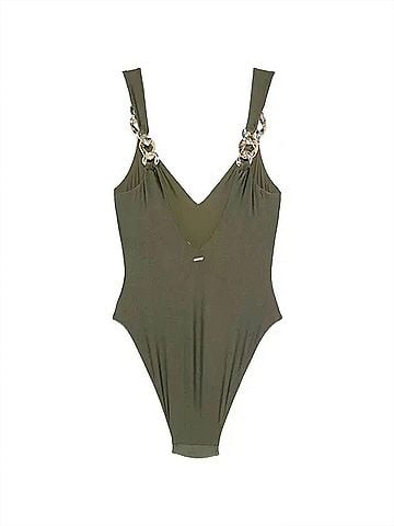 SIMKHAI Women's Regan V Neck One Piece Swimsuit in Fern (view 2)