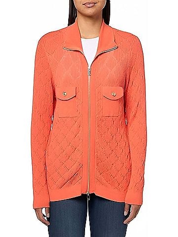 MULTIPLES Cuffed Long Sleeve Zip Sweater Cardigan in Coral (view 2)