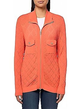 MULTIPLES Cuffed Long Sleeve Zip Sweater Cardigan in Coral (view 2)