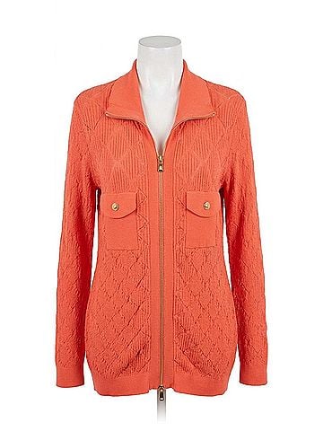 MULTIPLES Cuffed Long Sleeve Zip Sweater Cardigan in Coral (view 1)