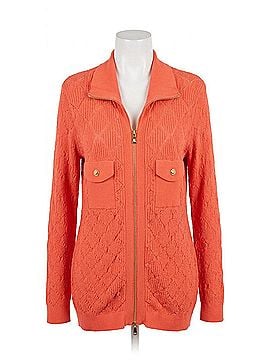 MULTIPLES Cuffed Long Sleeve Zip Sweater Cardigan in Coral (view 1)