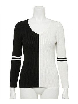 Angel Apparel V-Neck Ribbed Sweater in Black/Ivory (view 1)