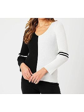Angel Apparel V-Neck Ribbed Sweater in Black/Ivory (view 2)