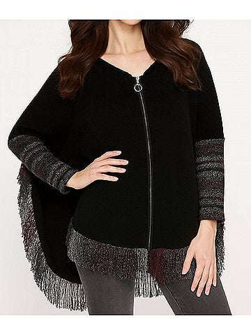 French Kyss Kimberly Fringe Hooded Poncho in Black (view 2)
