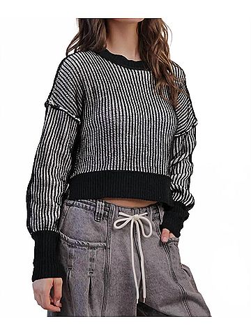 Very J Cropped Stripe Sweater in Black (view 2)