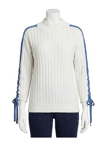 Tribal Ruth Ruched Sleeve Color Block Sweater in Blue/Gray (view 1)