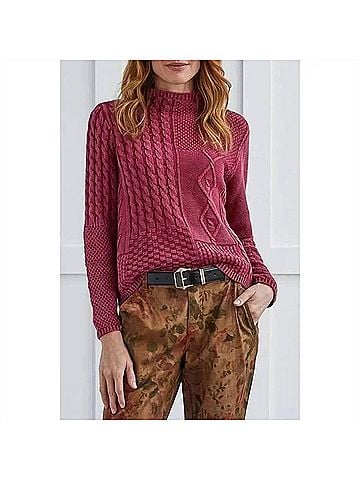 Tribal Cable Funnel Neck Sweater in Red Plum (view 2)