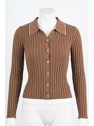 Promesa U.S.A. Lila Self Button Ribbed Knit Sweater in Brown (view 1)