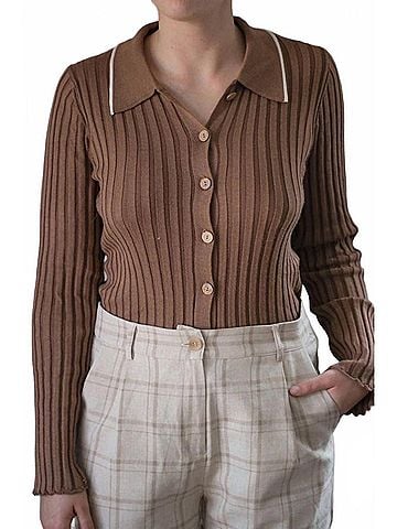 Promesa U.S.A. Lila Self Button Ribbed Knit Sweater in Brown (view 2)