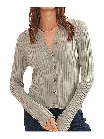 Promesa U.S.A. Lila Self Button Ribbed Knit Sweater in Gray (view 2)