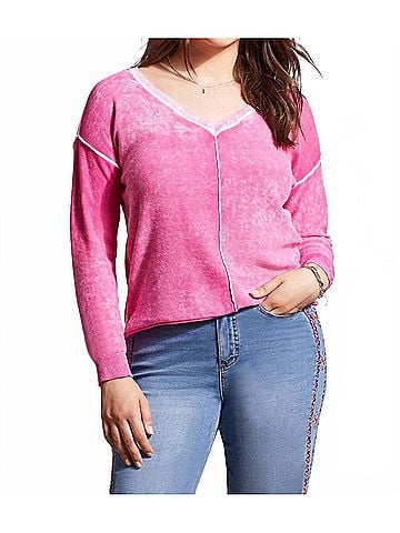 Tribal Lightweight V Neck Sweater Washed Effect in Orchid Pink (view 2)