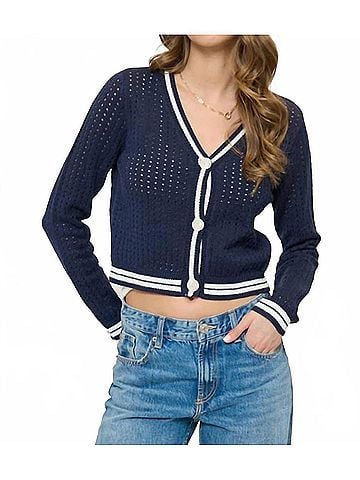 Central Park West Franki Varsity Mesh Cardigan in Navy (view 2)