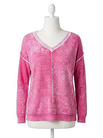 Tribal Lightweight V Neck Sweater Washed Effect in Orchid Pink (view 1)