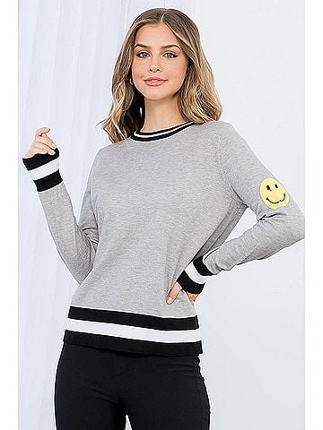 THML Harper Smiley Face Knit Sweater in Heather Gray (view 2)