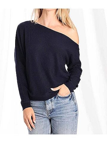 Minnie Rose Cashmere Off-The-Shoulder Top in Navy (view 2)