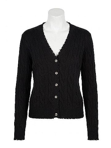 Minnie Rose Cotton Frayed Cable Cardigan Top in Black (view 1)