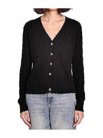 Minnie Rose Cotton Frayed Cable Cardigan Top in Black (view 2)