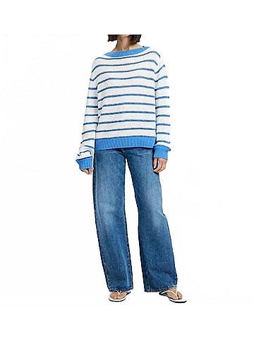 French Connection Teddy Knit Open Stripe Pullover Sweater in Summer White-Blue Hydrangea (view 2)