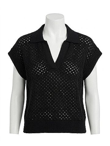 Autumn Cashmere Boxy Mesh Johnny Collar Tee in Black (view 1)