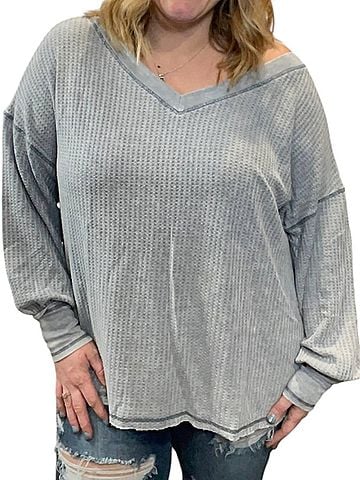 She + Sky Waffle Knit Bubble Sleeve Pullover Sweater in Grey (view 2)