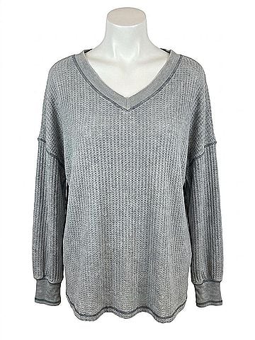 She + Sky Waffle Knit Bubble Sleeve Pullover Sweater in Grey (view 1)
