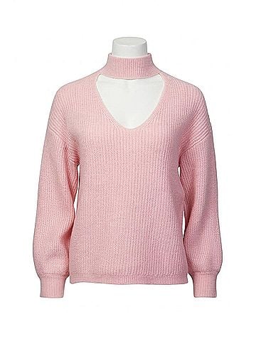 RD Style Cutout Ribbed-Knit Turtleneck Sweater in Blush (view 1)