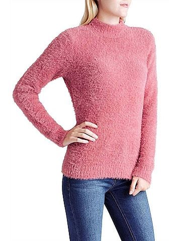 Kensie Fur Yarn Long Sleeve Mock Neck Sweater in Pink (view 2)