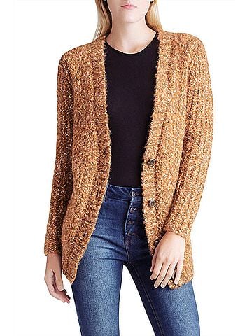 Kensie Twisted Slub Boucle Long Sleeve Cardigan in Brown (view 2)