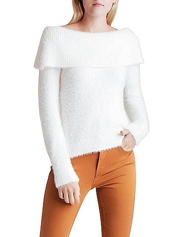 Kensie Fur Yarn Long Sleeve Off The Shoulder Sweater in White (view 2)