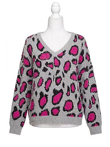 She + Sky Leopard V Back Plus Sweater in Hot Pink/Grey (view 1)