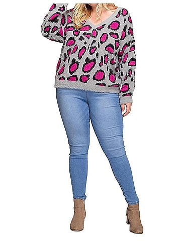 She + Sky Leopard V Back Plus Sweater in Hot Pink/Grey (view 2)