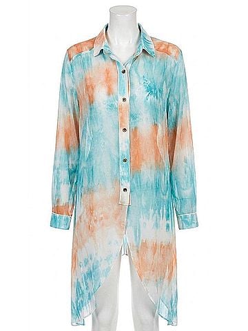 Adore Sheer Button Down Duster in A Watercolor Mix (view 1)