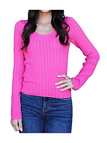 Scala Lace Long Sleeve U-Neckline Top in Hot Pink (view 2)