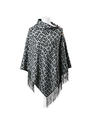 Top It Off Reversible Leopard Print Fringe Button Wrap Shawl Poncho in Animal (view 1)