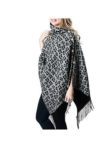 Top It Off Reversible Leopard Print Fringe Button Wrap Shawl Poncho in Animal (view 2)