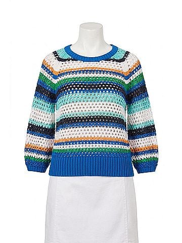 Tribal Openwork Cotton Three-Quarter Sleeve Sweater in Riviera (view 1)