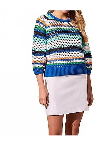 Tribal Openwork Cotton Three-Quarter Sleeve Sweater in Riviera (view 2)