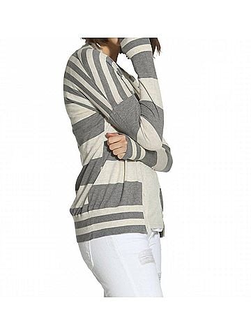 Label + Thread Women's Striped Cotton Cardigan in Grey/Ecru (view 2)